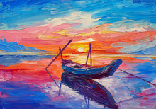 Oil Painting, Artwork On Canvas. Fishing Boats On Sea  
