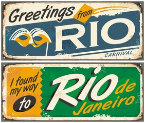 Poster - Rio de Janeiro, greetings from Brazil, retro tin signs set on old metal texture