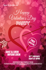 Wall Mural - Vector Happy Valentine's Day night party poster on the gradient red and dark pink background with hearts.