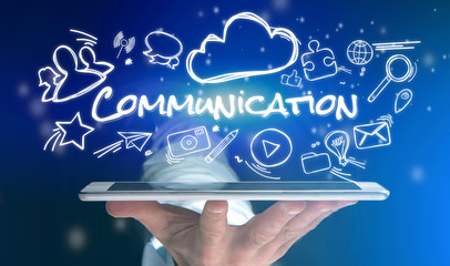 Poster - Concept of man holding tablet with Communication icon around