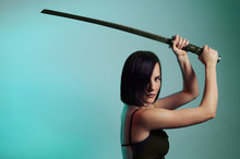 Mystic Beautiful Black Hair Girl With Sword, Copy Space