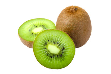 kiwi and two halves of a kiwi isolated on white background