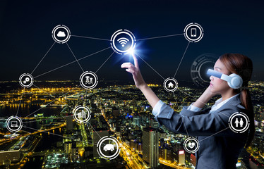 Aufkleber - modern city night panorama and wireless communication network