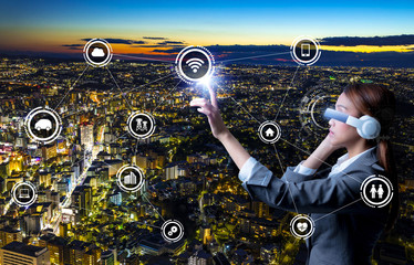 Aufkleber - modern city night panorama and wireless communication network
