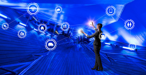 Poster - modern building passage and business person, Internet of Things, Information Communication Technology, abstract image visual