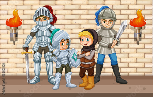 Plakat Cztery rycerzy stojących przy ścianie