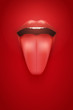Womans mouth with his tongue hanging out. Red background. Advertisement Poster. Vector Illustration.