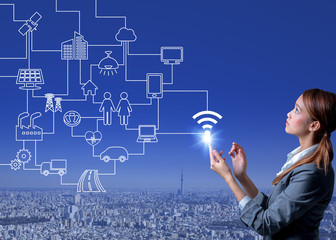 Poster - young woman using smart phone and wired various wireless communication devices