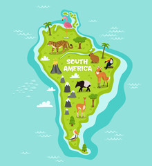 Wall Mural - South american map with wildlife animals vector illustration. American flora and fauna, wolf, lama, tapir, pelican, flamingo, toucan, jaguar. South american continent in blue ocean with wild animals