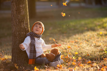 Canvas Print - Adorable little boy with teddy bear in park on autumn day