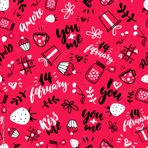 Cotton fabric Valentine s Day vector seamless pattern. Isolated Artistic doodle drawings, lettering, love quotes.