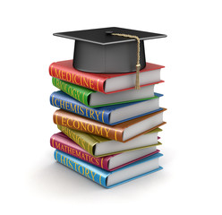 Poster - Graduation cap and Stack of textbooks. Image with clipping path