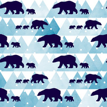 Cute Seamless Pattern With Winter Polar Bear. Mother And Her Child. Watercolor Mountains In The Background. Cute Children Pattern. Perfect For Background Paper Or Textiles.