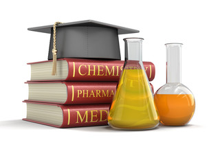 Poster - Stack of textbooks and flasks. Image with clipping path