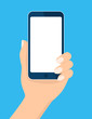 Mobile icon. Hand holding smartphone. Template blank white screen, mock up. Device isolated on blue. Vector cartoon flat illustration for web site, app, UI