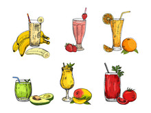 Graphic Collection Of Different Smoothie. Vector Avocado, Banana, Mango, Orange, Strawberry, And Tomato Beverages. Fruity Set Used For Poster, Advertising Menu Or Recipe Book Design.