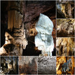 Postojna cave, Slovenia, formations inside cave with stalactites and stalagmites, collage