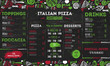 © alenast - Italian pizza menu, template design for restaurants, cafe. Food flyer with hand drawn elements and lettering on chalkboard background