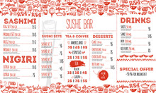 Sushi Menu Flyer Layout Template. Japanese Food Brochure With Hand Drawn Doodle And Lettering.