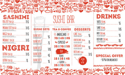 Sushi menu flyer layout template. Japanese food brochure with hand drawn doodle and lettering.