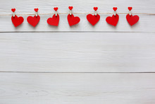 Valentine Day Background, Paper Hearts Border On Wood, Copy Space