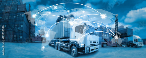 Fotomural Global network coverage world map,Truck with Industrial Container Cargo for Logi