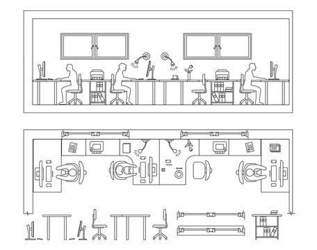 Architectural set of furniture. Design elements for floor plan, premises. Thin lines icons. Office technics, tables, equipment computer people flowers. Standard size. Vector isolated