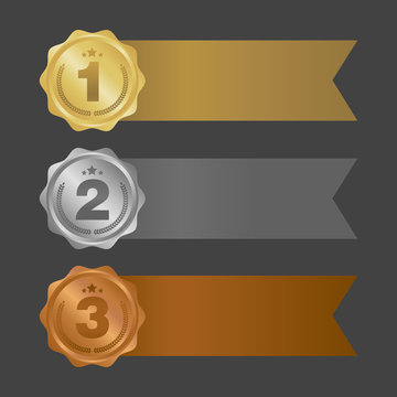 Gold Silver and Bronze ribbons. Metal badges