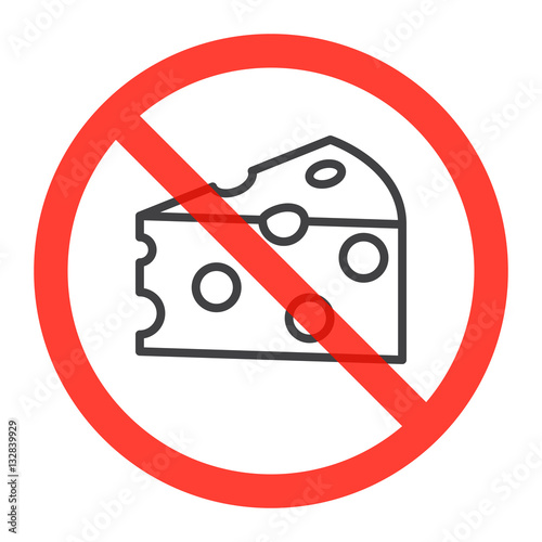 No cheese ban sign, line icon in prohibition red circle, forbidden symbol. Vector illustration