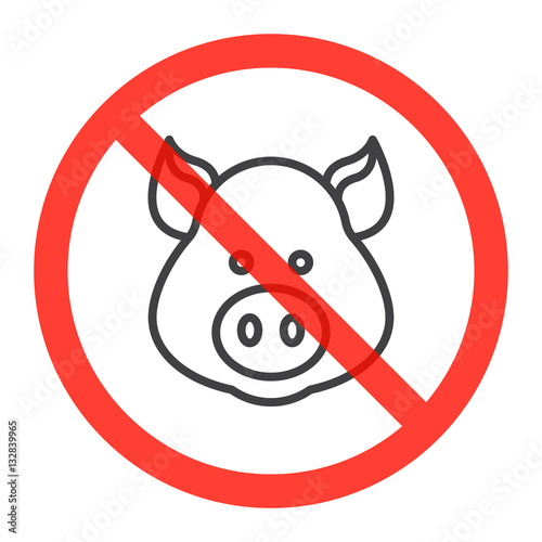 Pork head line icon in prohibition red circle, No pig ban sign, forbidden symbol. Vector Pork head line icon in prohibition red circle, No pig ban sign, forbidden symbol. Vector