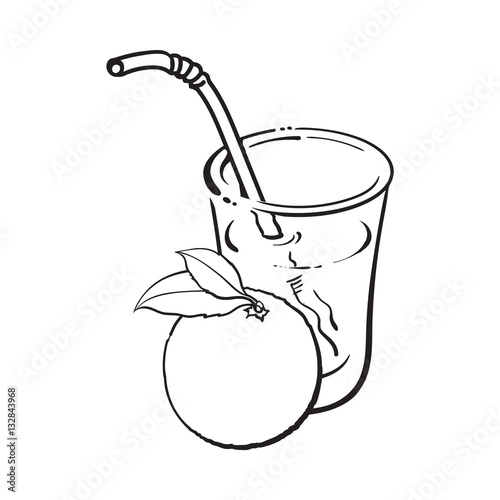 Glass of freshly squeezed juice with a whole orange, sketch vector