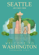 Washington Vector American Poster. USA Travel Illustration. United States Of America Colorful Greeting Card, Seattle. 