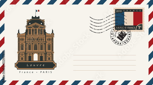 an envelope with a postage stamp with Louvre, and the flag of France Tableau sur Toile