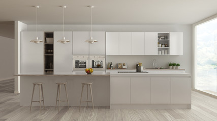 Scandinavian white kitchen with wooden and white details, minima