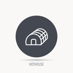 Wall Mural - Greenhouse complex icon. Hothouse building sign. Warm house symbol. Round web button with flat icon. Vector