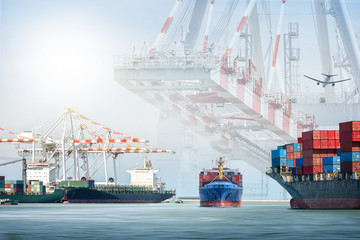 Container cargo ship and cargo plane with port crane bridge in harbor, Freight Transportation, Shipping