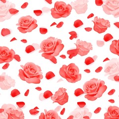 Romantic background with red roses, buds and petals