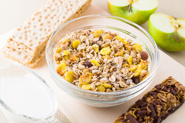 Top view of a muesli in glass bowl