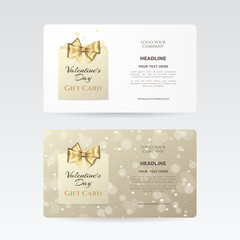 Wall Mural - Gift card for Valentine's day celebration with golden bow and paper shopping bag on the background with hearts and effect bokeh. Vector template for gift voucher, coupon and credit or discount card.