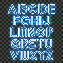 Wall Mural - glowing blue neon alphabet with letters from a to z. shining and glowing neon effect. every letter i