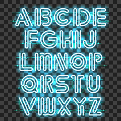 Wall Mural - glowing blue neon alphabet with letters from a to z. shining and glowing neon effect. every letter i