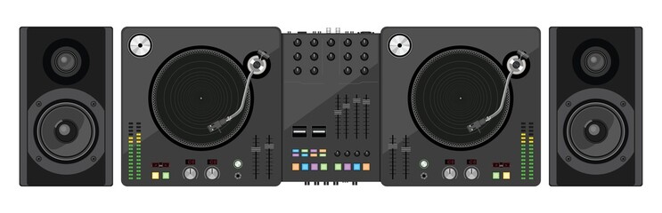 dj mixer. two turntables, mixer and acoustic system. vector illu