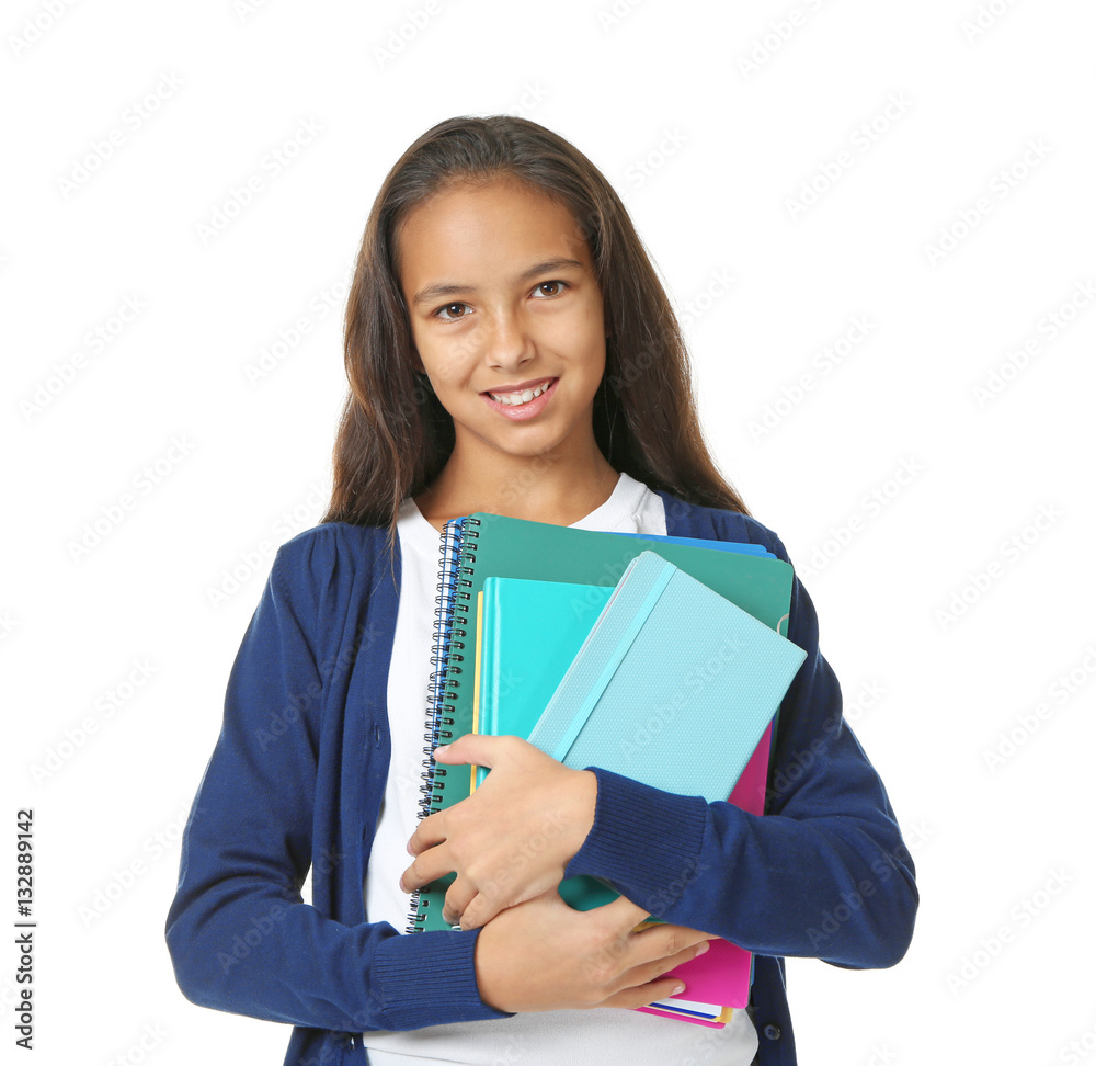 Cute schoolgirl on white background