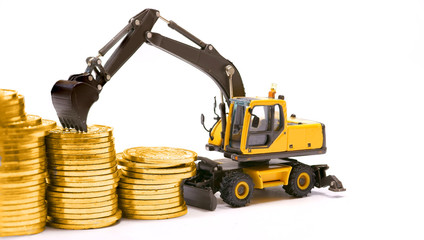 excavator and gold coins