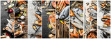 Food collage of seafood .