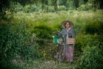 Wall Mural - Grandmother on bikes at the country side