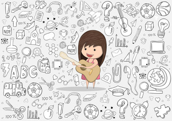 Kid playing guitar against pupils back of school background, dra