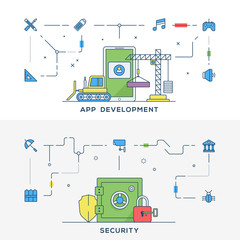 Wall Mural - set of flat line business website banner templates. app development. security. vector illustration c