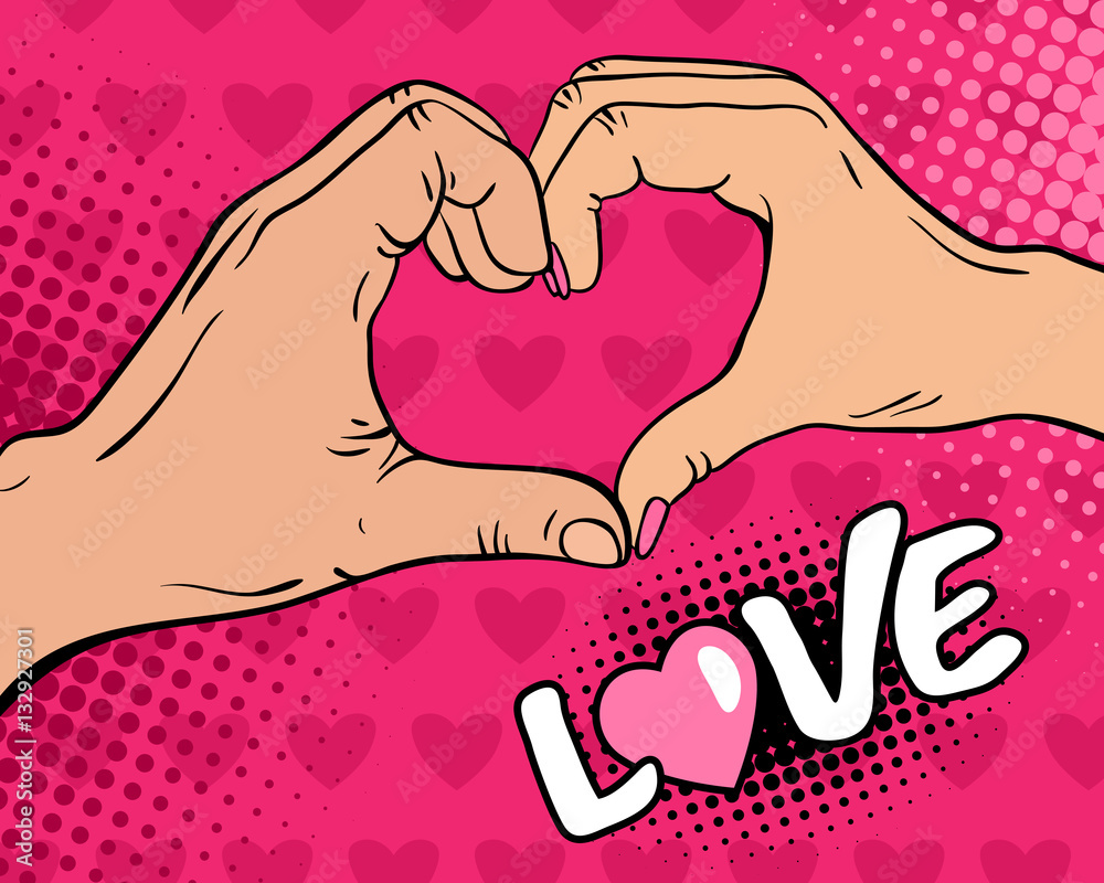 Love. Pop art background with female and male hands with heart sign. Vector  colorful hand drawn illustration in retro comic style on pink hearts  background. Stock Vector | Adobe Stock, image size:1000x800
