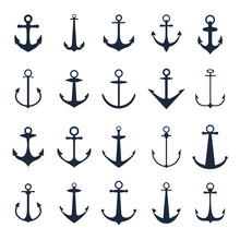 Anchor Icons. Vector Boat Anchors Isolated On White Background For Marine Tattoo Or Logo
